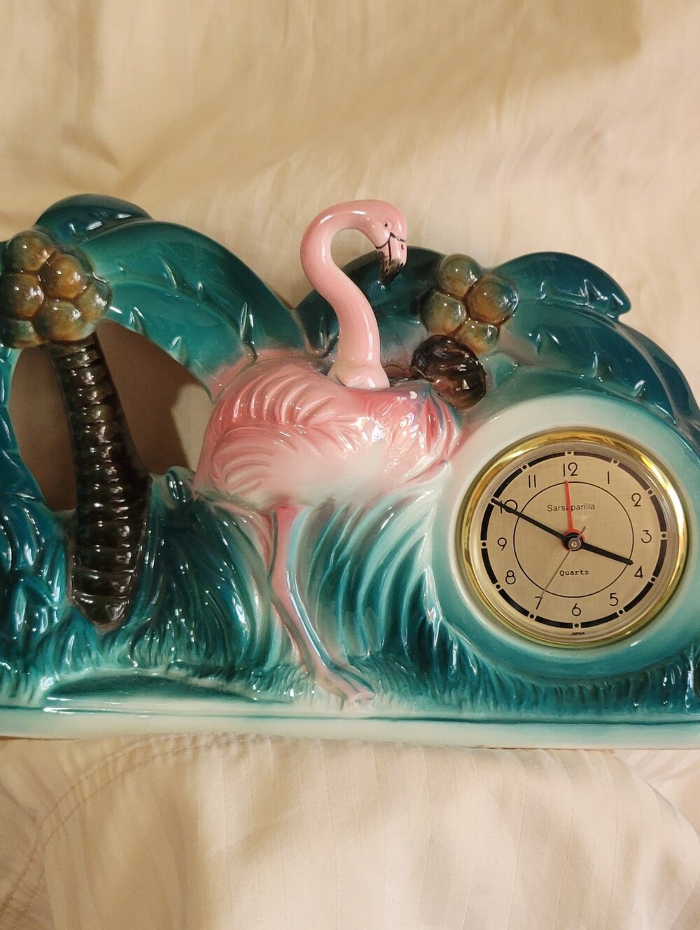 Vintage Sarsaparilla "Bobble Head" Pink Flamingo Ceramic Clock
